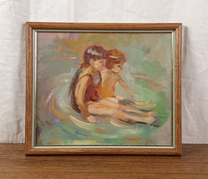 Kids Playing in Water, Original Oil Painting, Vintage Painting, Ukrainian artist