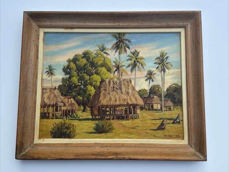 ANTIQUE TAHITI SAMOA PAINTING BEACH LANDSCAPE BY CHARLES C MCPHEE FAMOUS LISTED