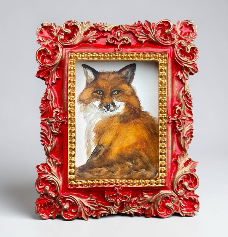 Red Fox mini watercolor animal print in red & gold vintage style ornate frame