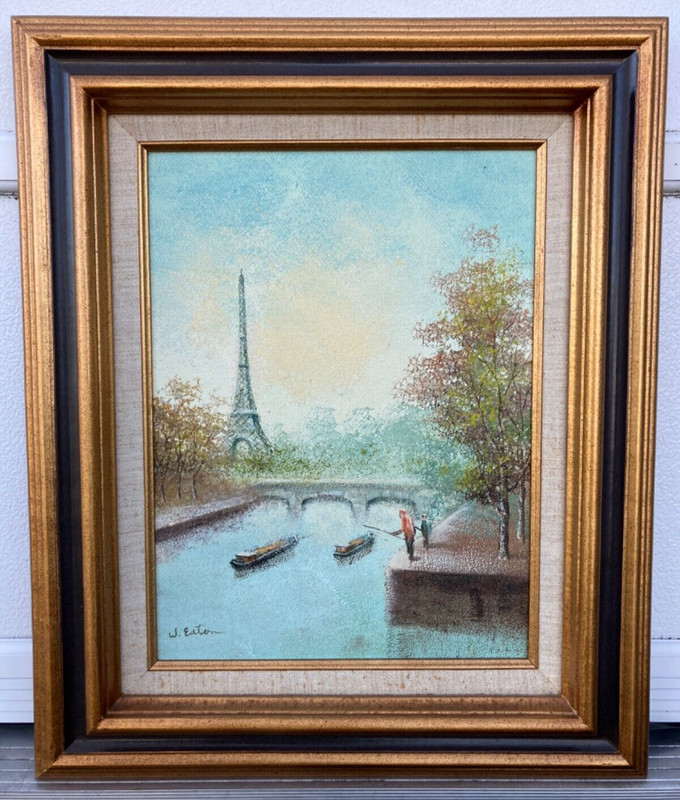 Original Oil Painting Art Paris Seine River with Eiffel Tower Cityscape W. Eaton