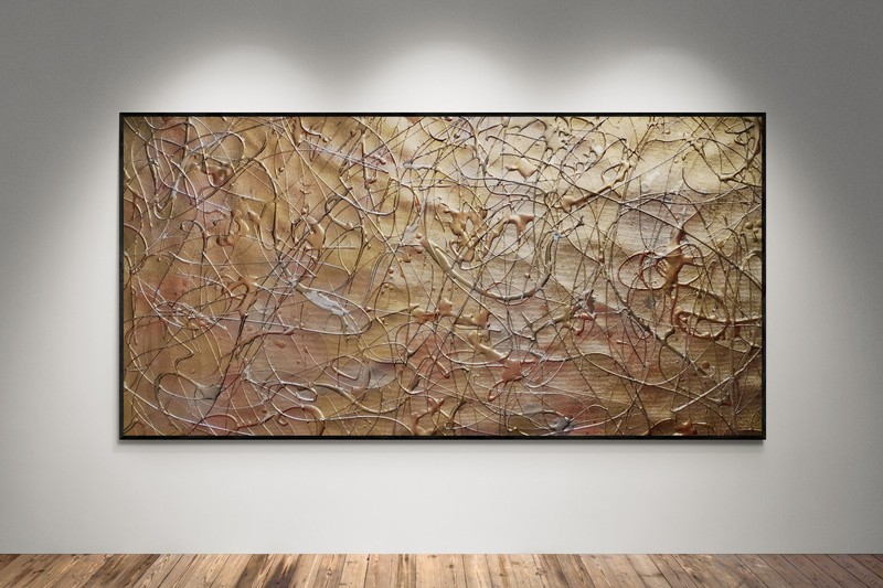 XXL Jackson Pollock Style Abstract Painting – Luxury Gold & Silver Artwork 78×39