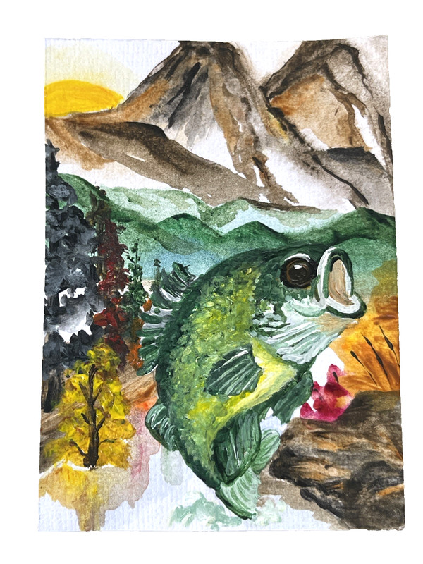 ACEO Original Painting Bass Fish Art River Fly Fishing Picture Small Art Card