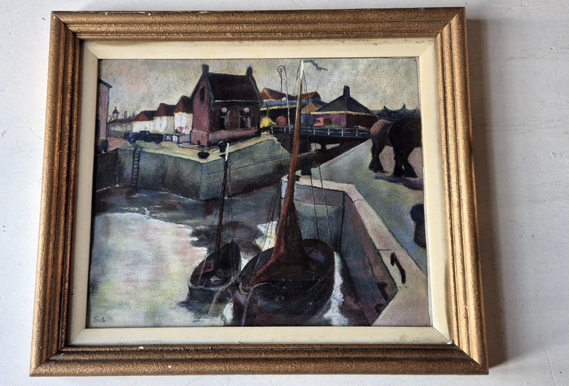 Dutch school, unknown modern painting, Village harbour & horses, 1950(?) gallery