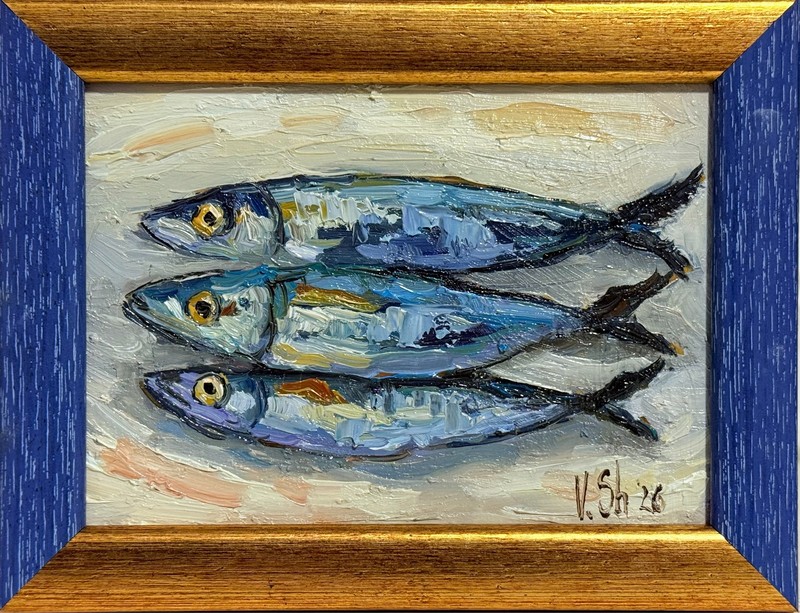 Sardine Original Oil Painting Fish Seafood Art Still life Kitchen Signed Framed