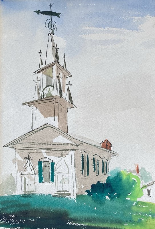 Maine 1957 Church Watercolor Signed 9″ x 13″ Mid Century Modern Painting