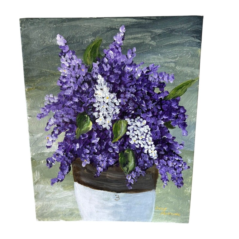 Original Lilac Floral Bouquet Still Life Painting On Canvas Board 8×10 Signed