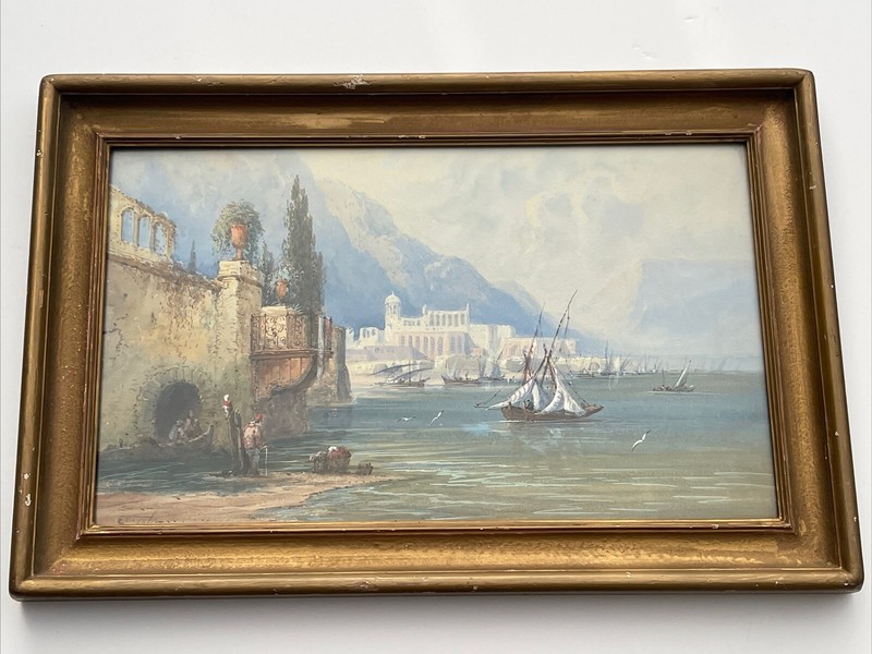 MASTERFUL ANTIQUE PAINTING COAST NAUTICAL BEACH ITALY ARCHITECTURE 19TH CENTURY