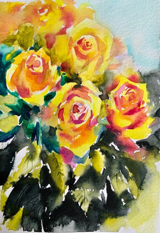 Original watercolor painting «Yellow roses» 21×14.5 cm. By I. Tarasova