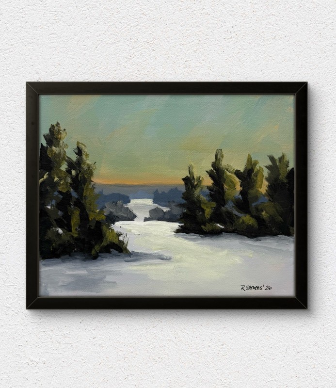 R Stevens 8×10 Original Acrylic Landscape Painting Winter Pines Sunrise Sky