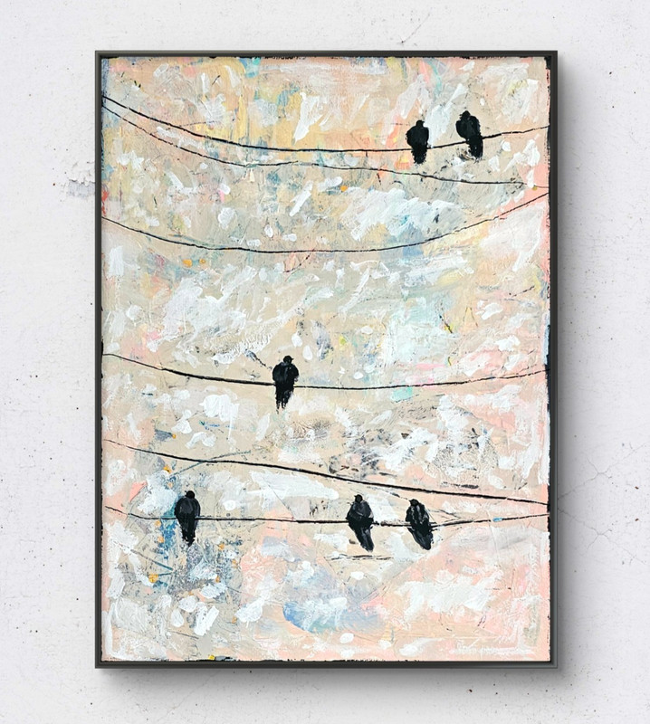 Birds on a Wire Original Mixed Media Painting Abstract Bird Wall Art