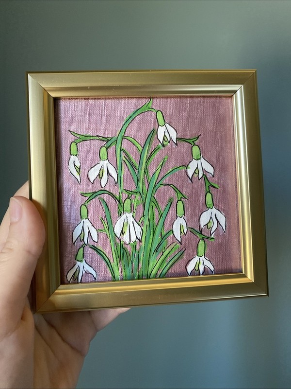 Snowdrops Flowers Original Painting 4/4,artwork,mini,small,framed,gold