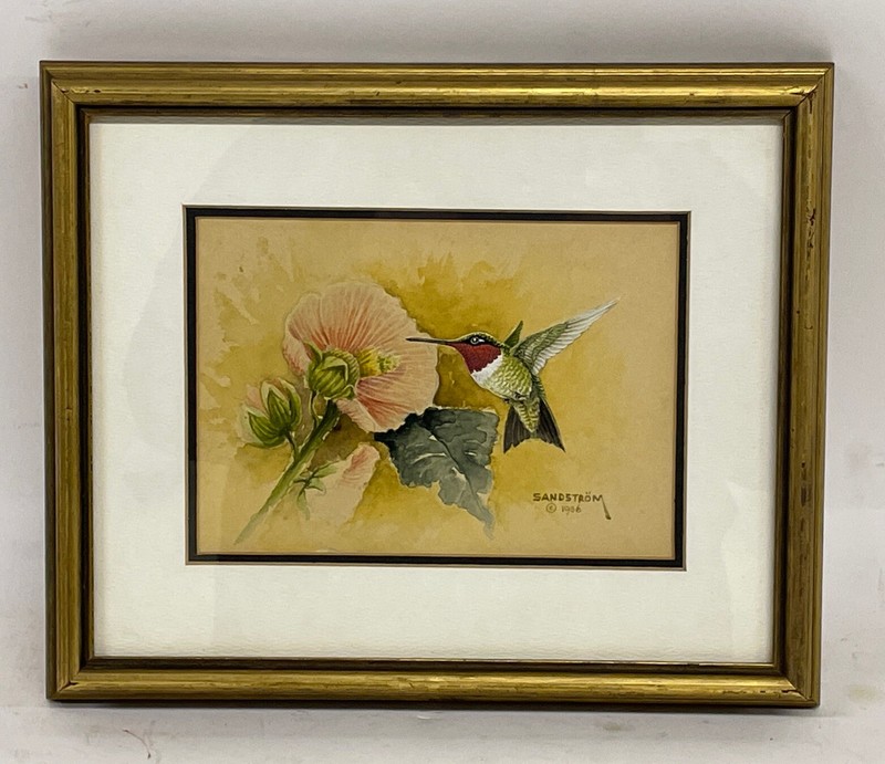 Signed George Sandstrom 1986 Watercolor Of A Hummingbird “Spring Flower”