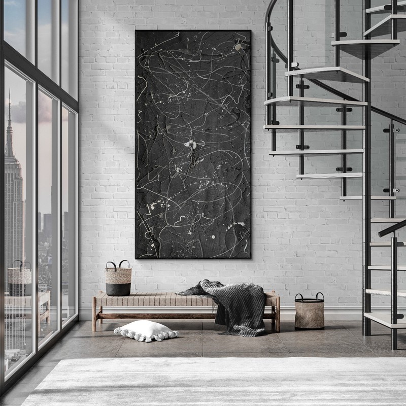 XXL Pollock Style Black Silver - Abstract Painting - Drip Canvas - 78x39 in gallery