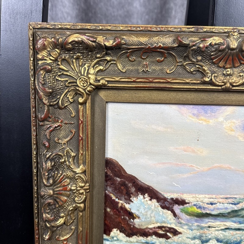Frank Ferruzza (1912-1984) Oil On Board Painting Ocean Beach 15”x13” gallery