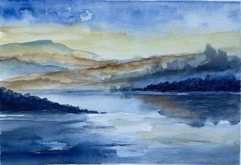 ORIGINAL WATERCOLOR Art Misty Lake Painting Foggy Landscape Watercolor Artwork
