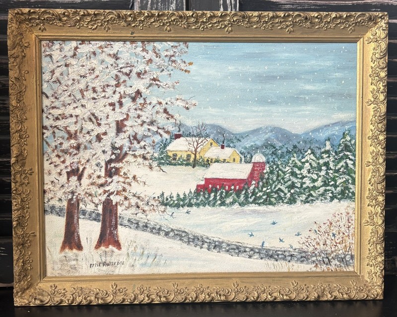 Vintage Original Painting On Board Americana Farm Folk Art Effie Rutle Signed