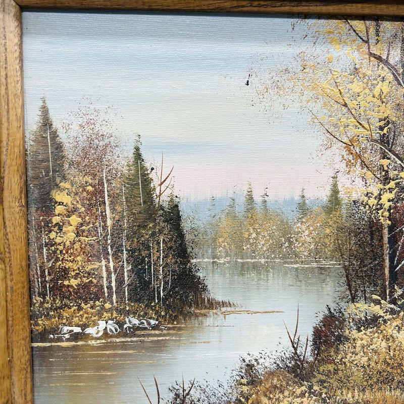 Vintage Original Oil Painting Autumn Woodland Lake Scene Signed 12x10 Framed gallery