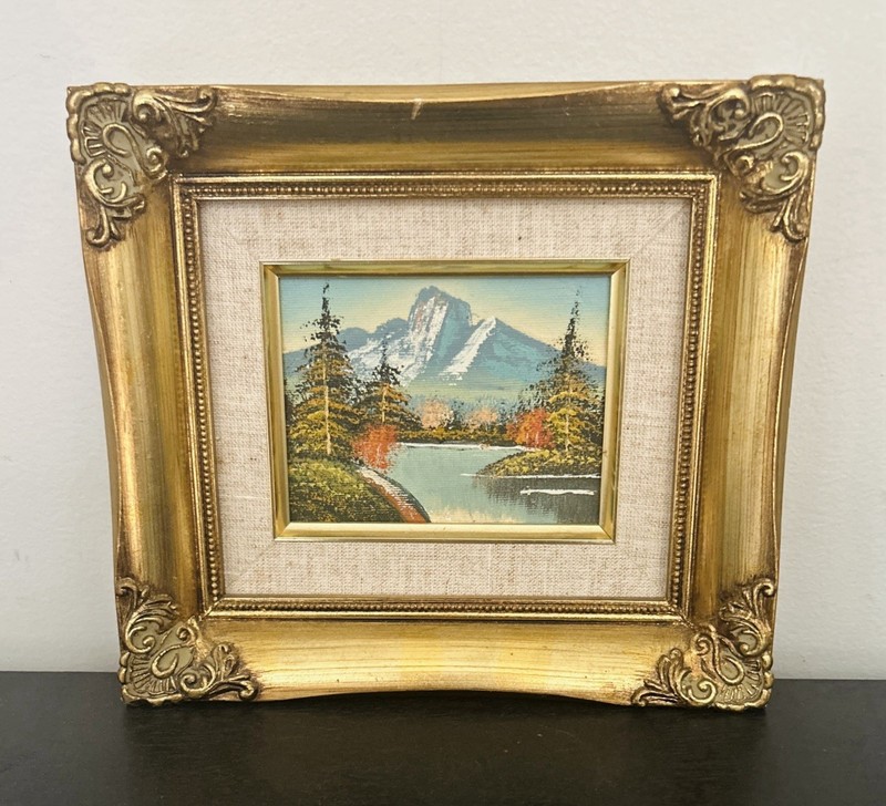 Vtg Oil Painting Landscape Mountains River Gold Ornate Wood 8”x 9” Wood Frame