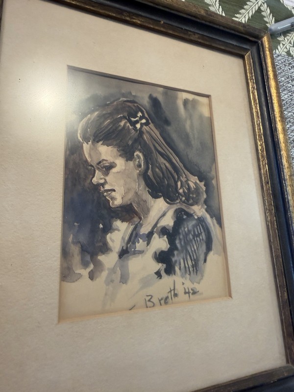 vintage watercolor portrait painting from the 1940s