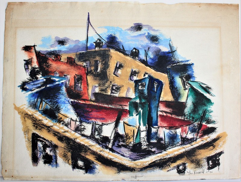 LEO RUSSELL 1917-1985 ANTIQUE WATERCOLOR ON PAPER SIGNED 1935 ABSTRACT CITYSCAPE