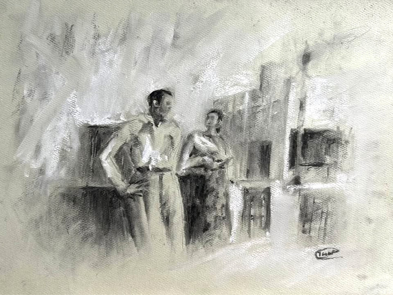 Signed Charcoal Painting, Grayscale Couple Portrait, 12x9in Romantic Wall Art