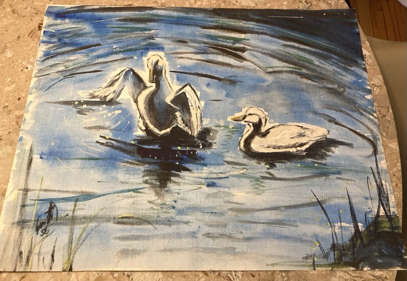 Vintage 1956 Ducks playing in pond Original Painting MCM