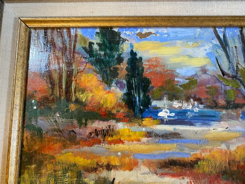 John Reilly (1942 - 2021) "Landscape With Pond Scene" Oil Painting - Framed gallery