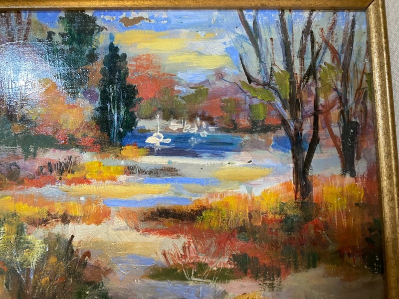 John Reilly (1942 - 2021) "Landscape With Pond Scene" Oil Painting - Framed gallery