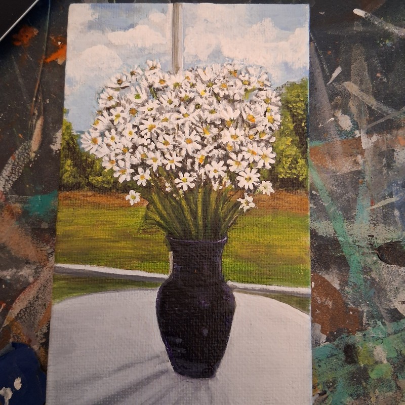 OOAK magnet flower painting White Daisies vase nature by Stacy Singleton
