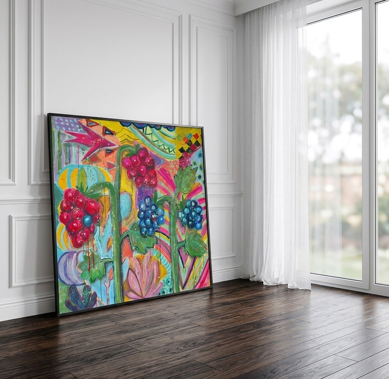 Original Abstract Raspberry Painting, Naive Floral Acrylic Canvas Art gallery
