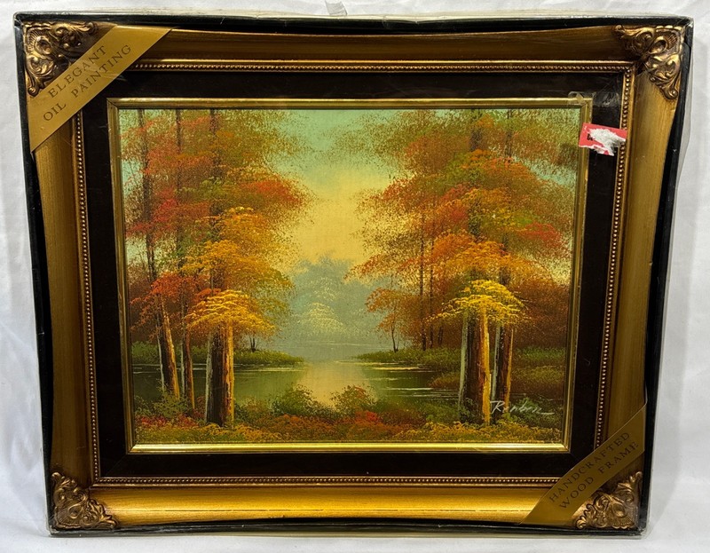Vintage NOS Original Landscape Oil Painting Signed Rueben Gilt Wood Frame gallery