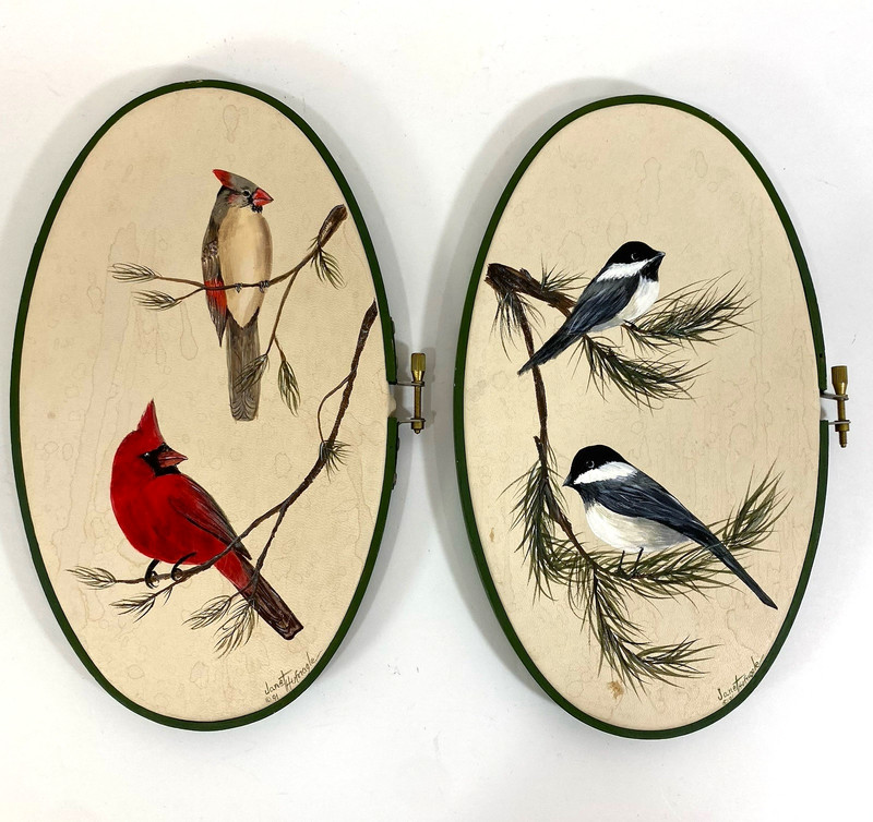 2 x Original Painted American Birds on Soft Leather Suede by Janet Hufnagle 1991