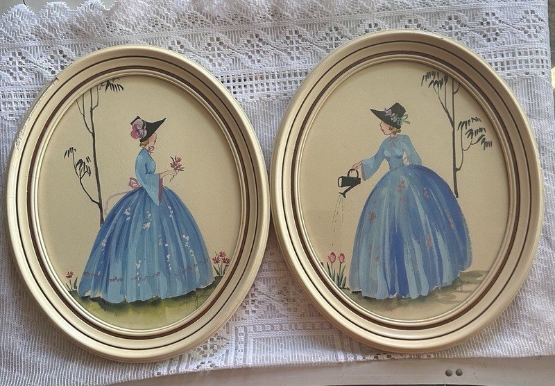 Vintage HANDPAINTED Lady Flowers VICTORIAN PORTRAIT Art Set SIGNED JEAN
