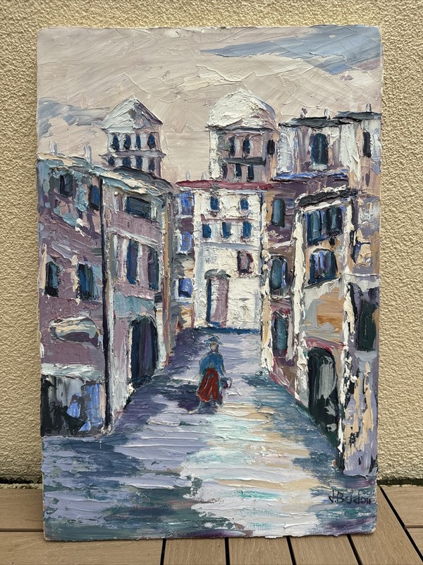 J.Berdau Greek? European City scape acrylic painting art on canvas circa 1990’s