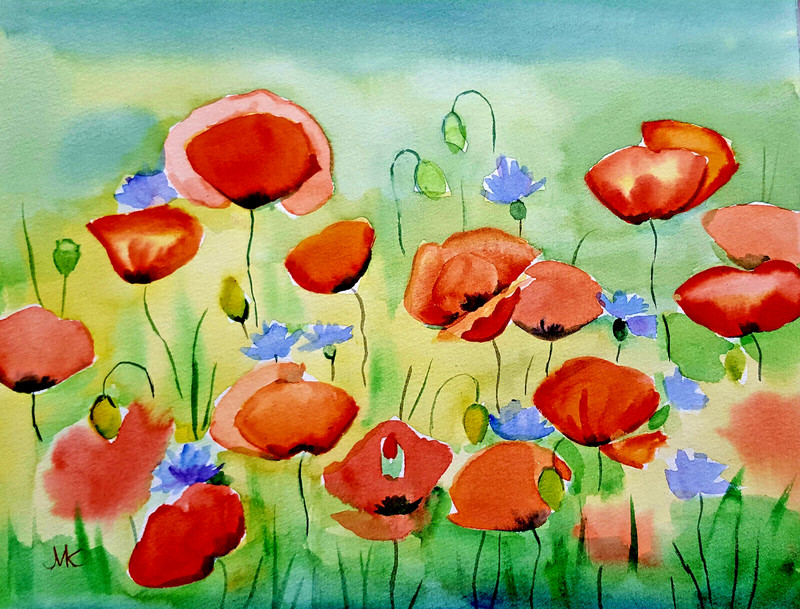 Poppy Field Gardens Poppies Corn Flowers Watercolor Flower Painting Signed