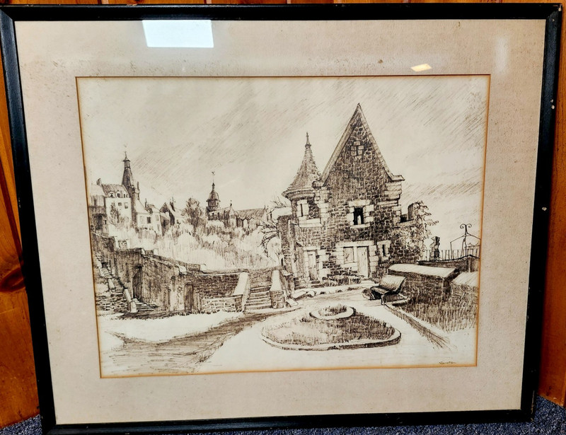 Signed DELLA GARRETSON Framed PENCIL SKETCH House Castle DRAWING Etching VINTAGE