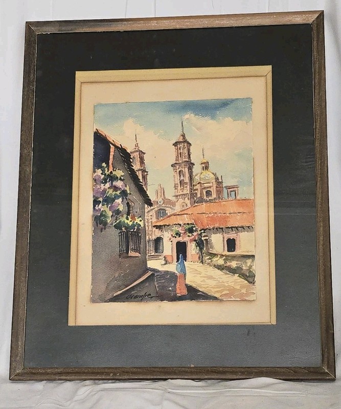 G. Montoya Watercolor Mexican Village Scene Signed Framed Art Painting