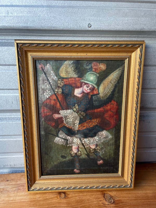 Peru Cusco School Of Art Oil On Canvas Iconic Archangel Michael 18×13″