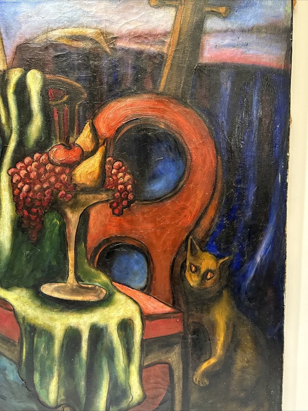 MID CENTURY PAINTING MODERNISM SURREAL CAT MUSICAL STILL LIFE EXPRESSIONIST OIL gallery