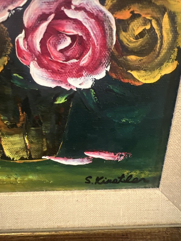 Oil painting bouquet of pink and yellow roses vase Signed gallery