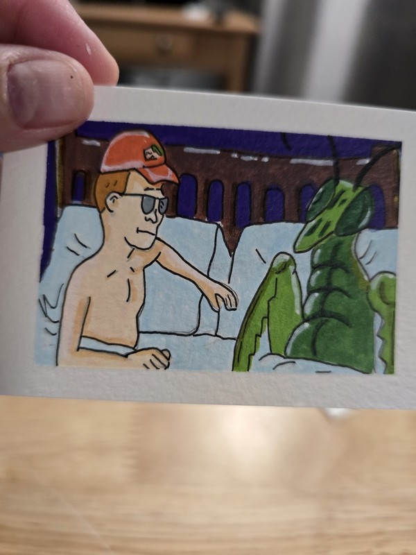 ACEO Original Painting Acrylic King Of The Hill Dale And Praying Mantis In Bed