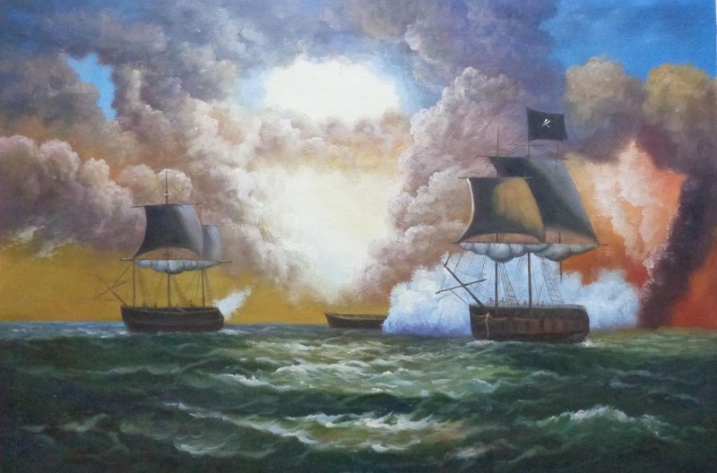 24×36 Pirate Ship Attacking Sailing Ship on Caribbean Oil Painting Classic Boat
