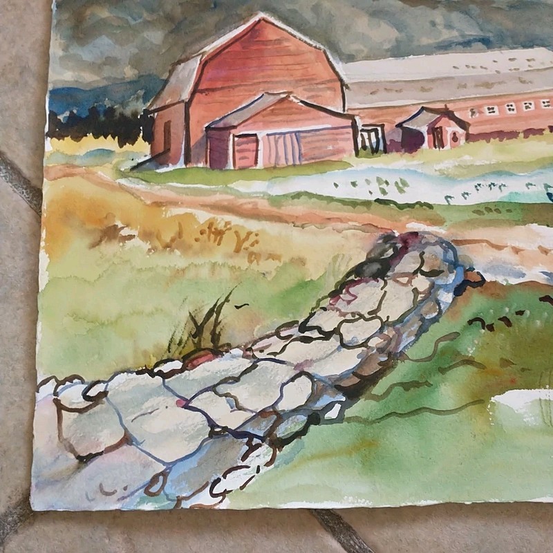 Vtg Watercolor Painting Landscape Farm Barn Pastel Wall Decor Signed 15x22" gallery