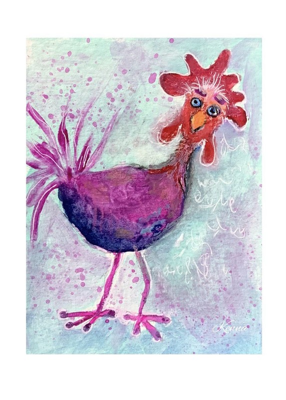 ACEO By Kenna HP Painting Original Whimsy Chicken 2.5” X 3.5” Signed ÀTC