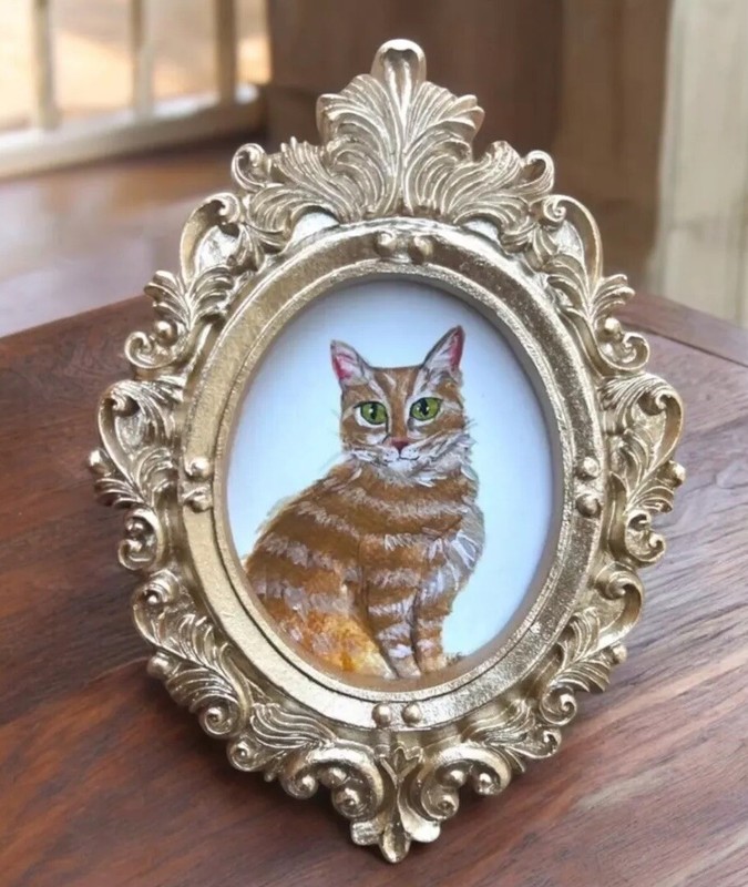 Tabby Cat watercolor art print in mini gold ornate frame, Gift, Decor, Pet