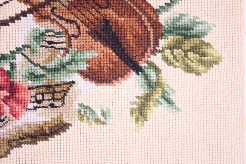 Hand Stitched 14” Needlepoint Victorian Style Still Life Violin Flowers on Board gallery