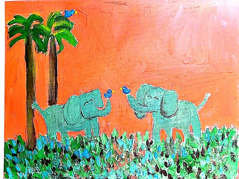 Two Elephants In Love Unique Abstract Expressionism Wall Art Canvas