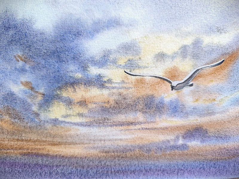 BIRD SEAGULL CLOUDS SKY Original Artwork Painting Landscape Wall Art Seascape A4 gallery