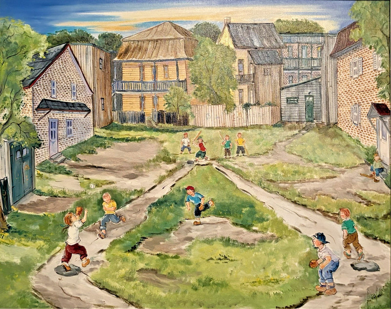 Tableau de Lise Labbe 1939- peinture huile sur toile 22×28 signée. RUN RUN RUN
