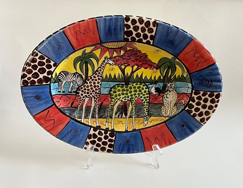 Hand Painted Ceramic Plate by SIKHOLIWE Made in Zimbabwe (2001) Giraffe/Zebra